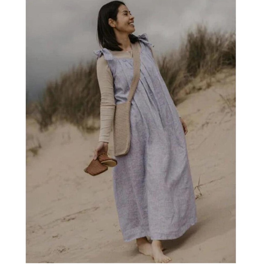 The Simple Folk chambray stripe organic linen tie-shoulder dress XS fits S M EUC